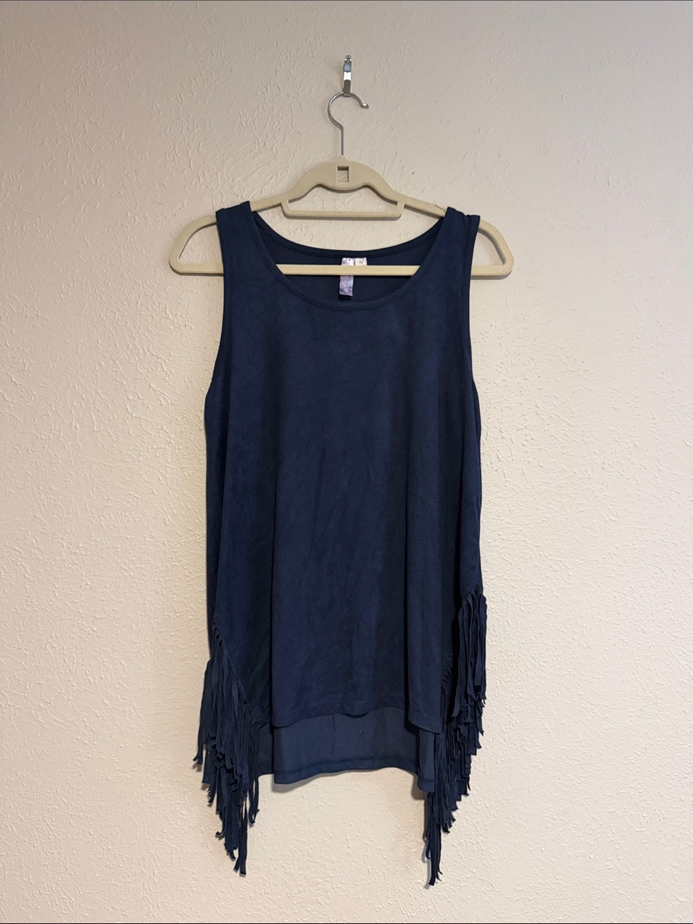 Navy Sueded Fringe Hem Women's Top